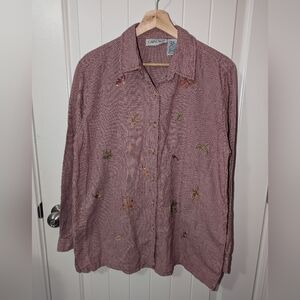Cabin Creek Embroidered Fall Leaves Flannel Button Up Shirt Women's Large Red/Wt